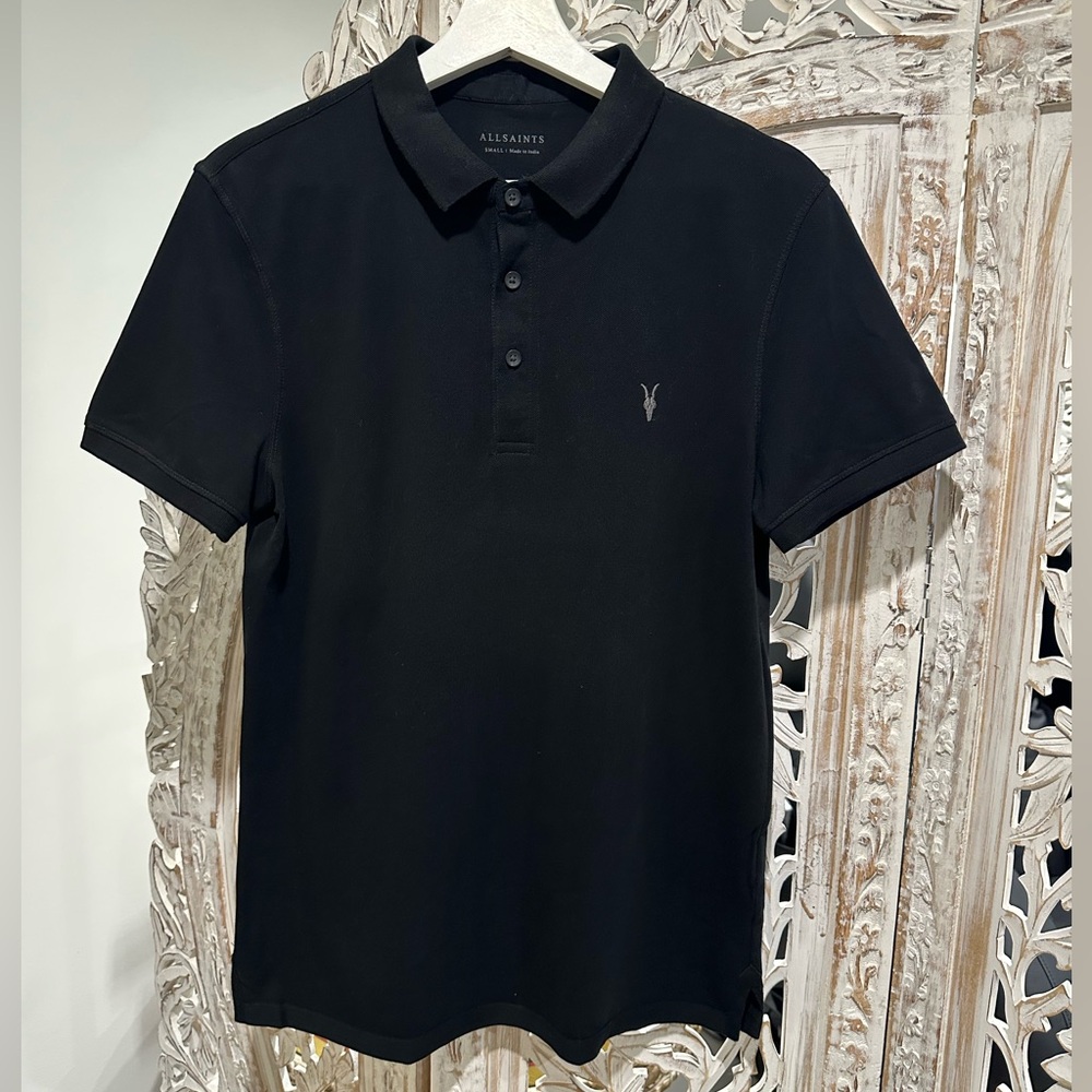 All Saints Men's Black Polo with Subtle Logo